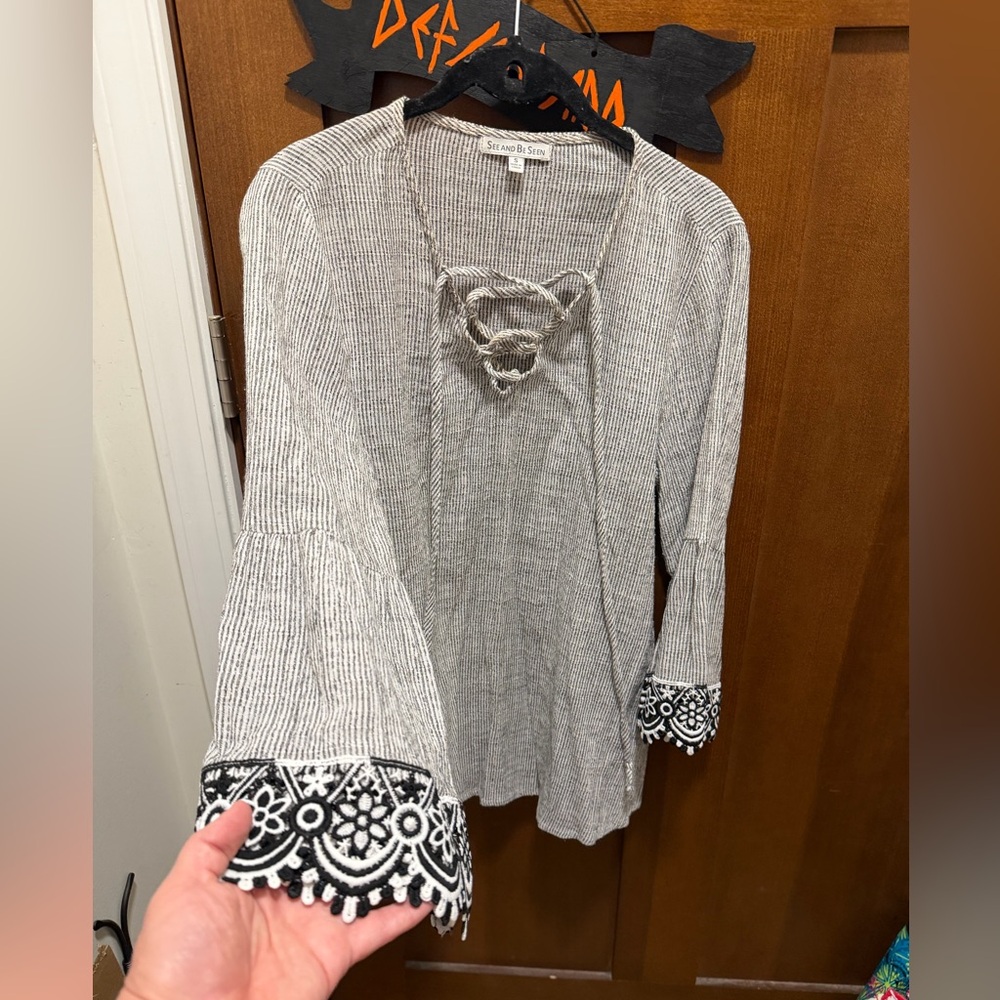 Gray and Black Lace Trim Cardigan
